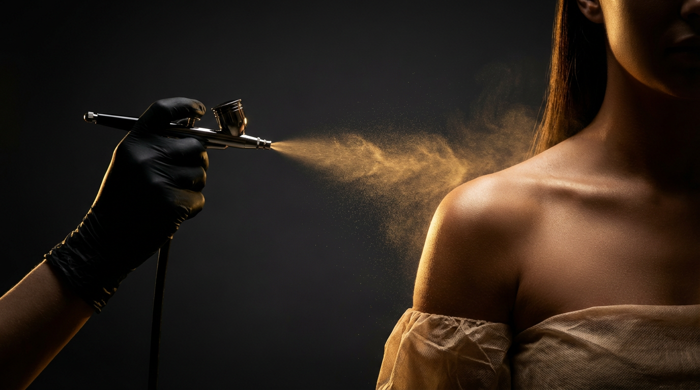 Hand-applied spray tan with golden mist in luxury dark studio